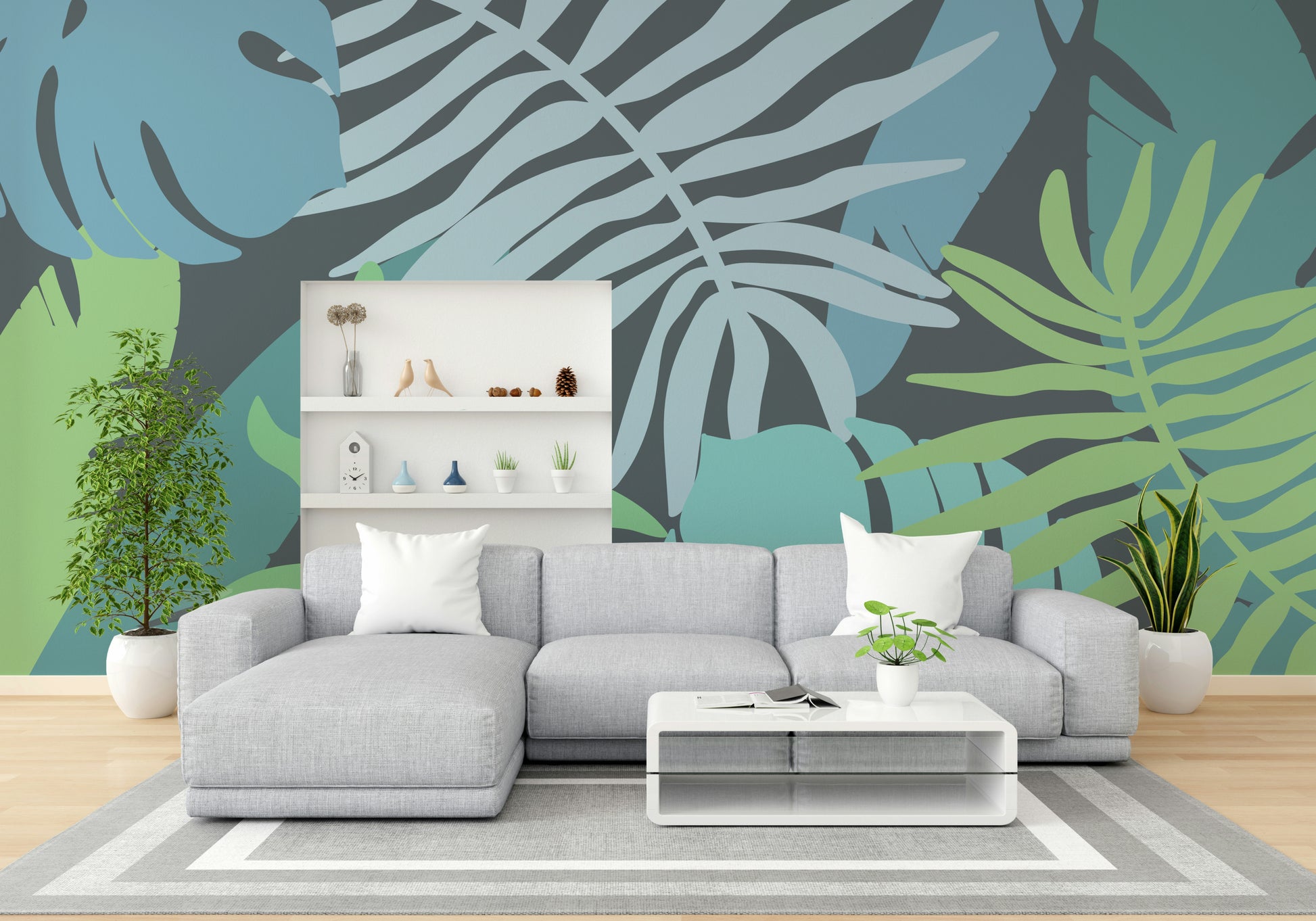 A graceful tropical foliage wall mural in bright, natural tones.

