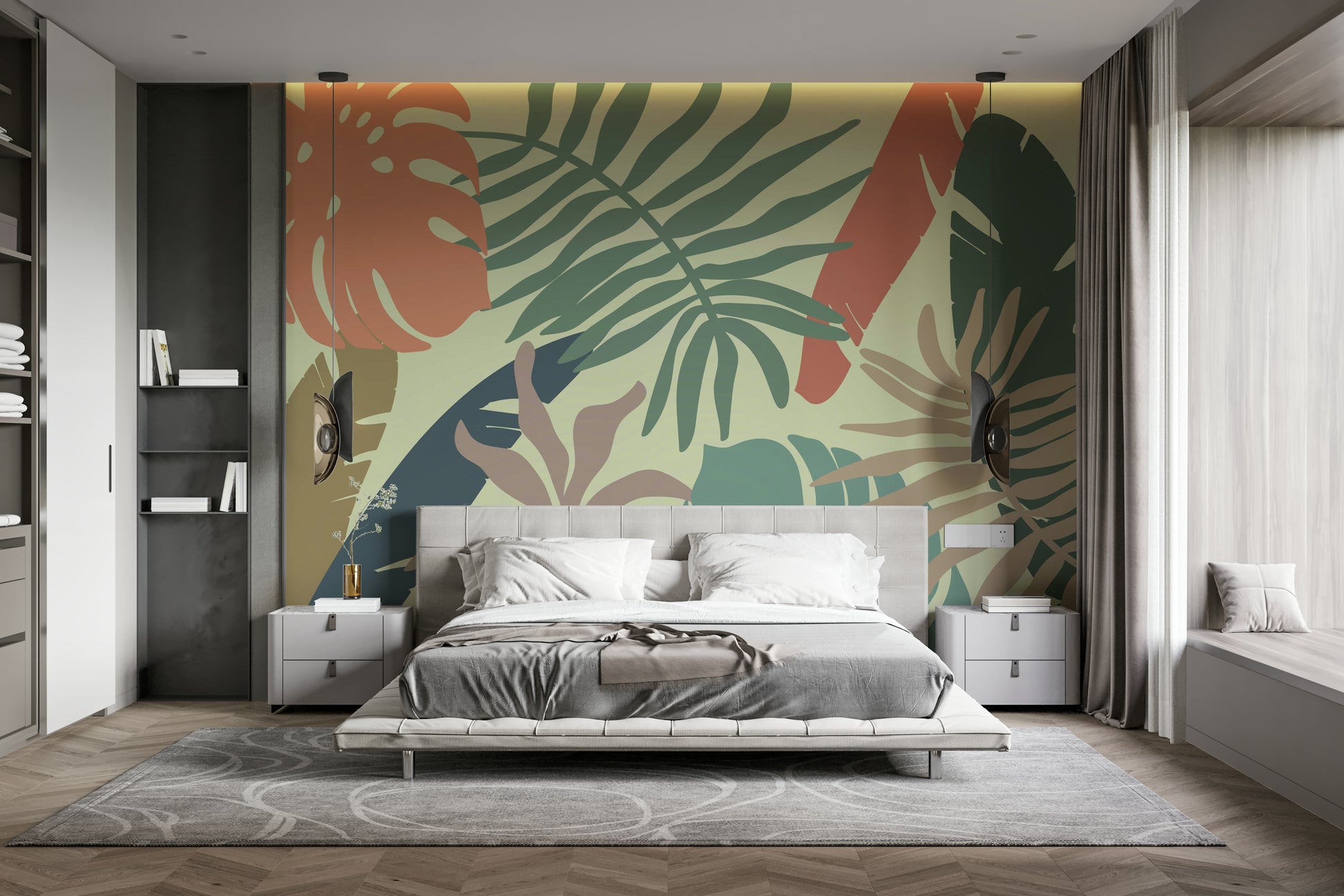A peaceful organic pattern mural on decorative wallpaper.

