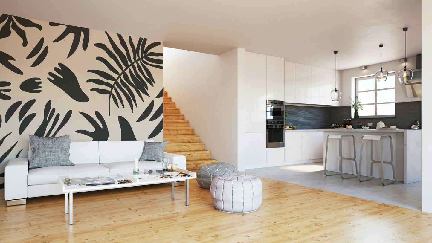 An artistic layered leaf mural on minimalist wallpaper.

