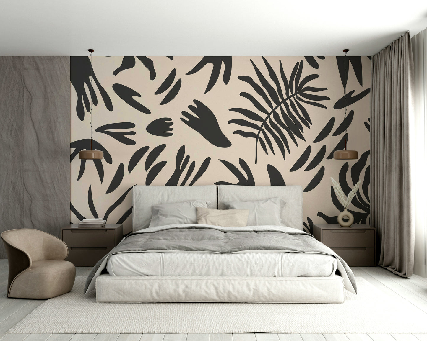 A peaceful botanical cutout mural on decorative wallpaper.

