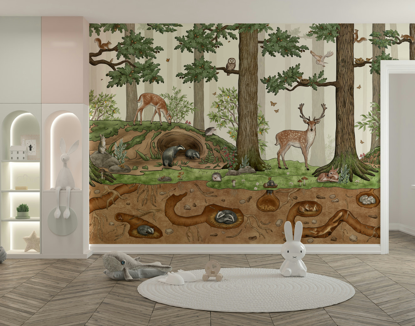 A beautiful charming forest wallpaper mural with subtle animals.

