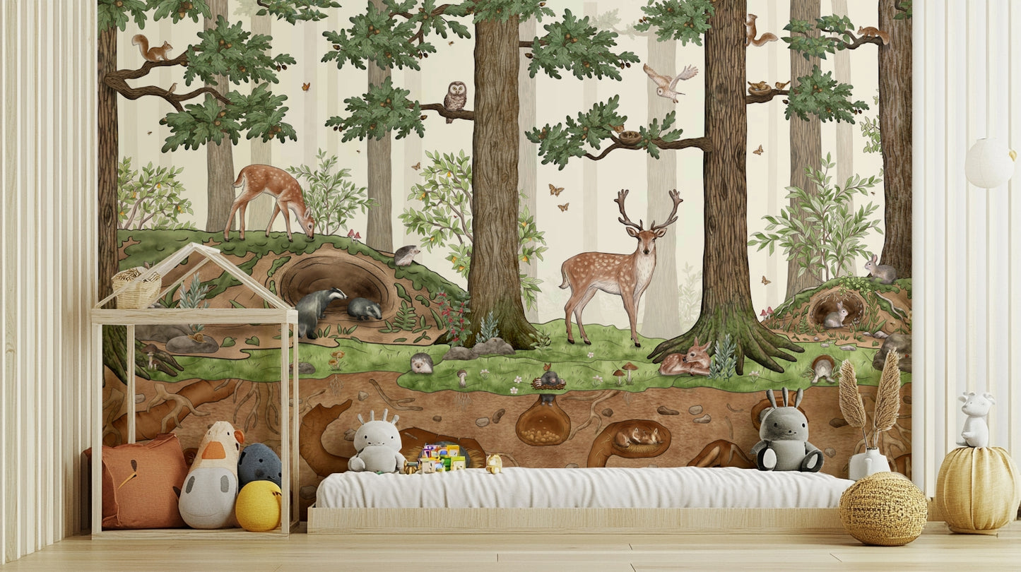 A graceful subtle forest wall mural in cool, natural tones.

