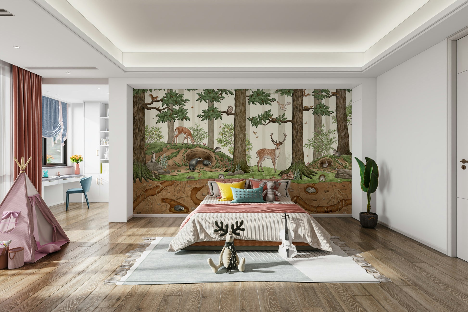 A peaceful woodland view mural on decorative wallpaper.

