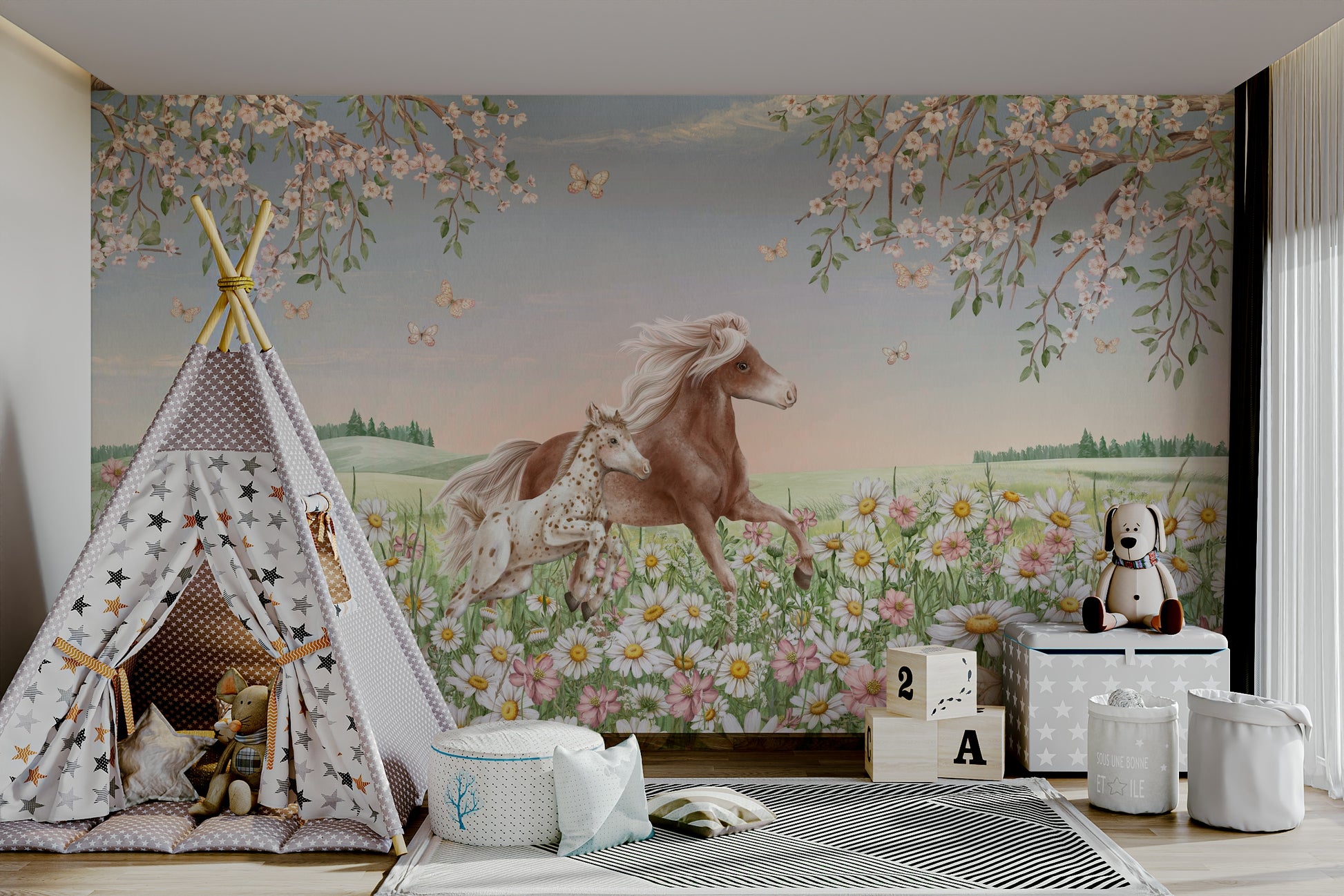 A classic floral wallpaper for walls with a horse theme.

