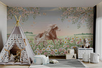 A classic floral wallpaper for walls with a horse theme.

