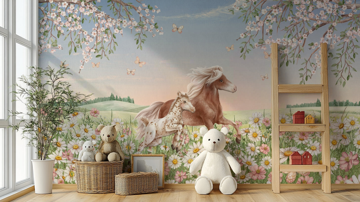 A beautiful modern art wall mural of running horses.

