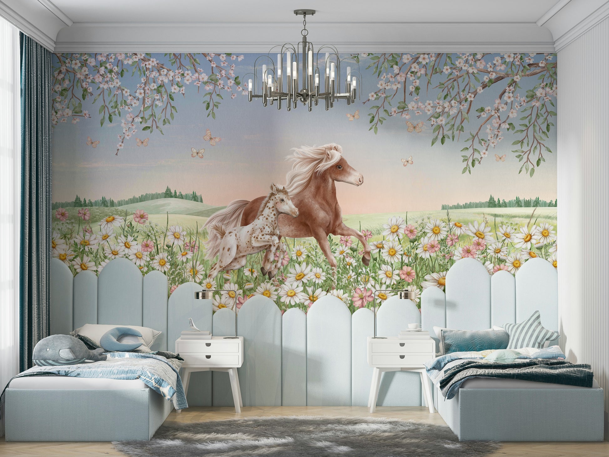 A peaceful animal design mural on decorative wallpaper.


