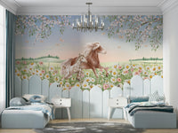 A peaceful animal design mural on decorative wallpaper.

