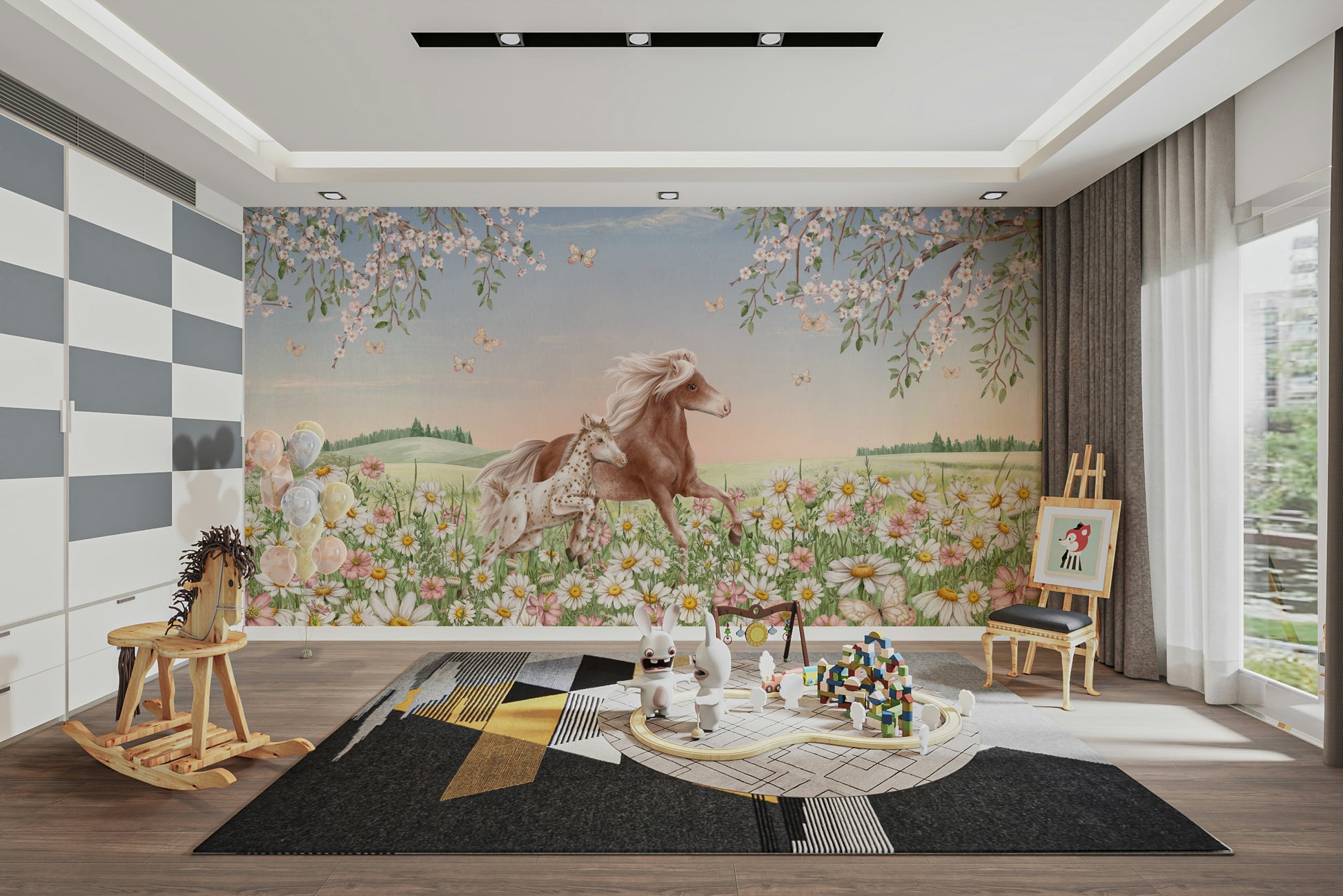 A graceful subtle horse wall mural in cool, natural tones.

