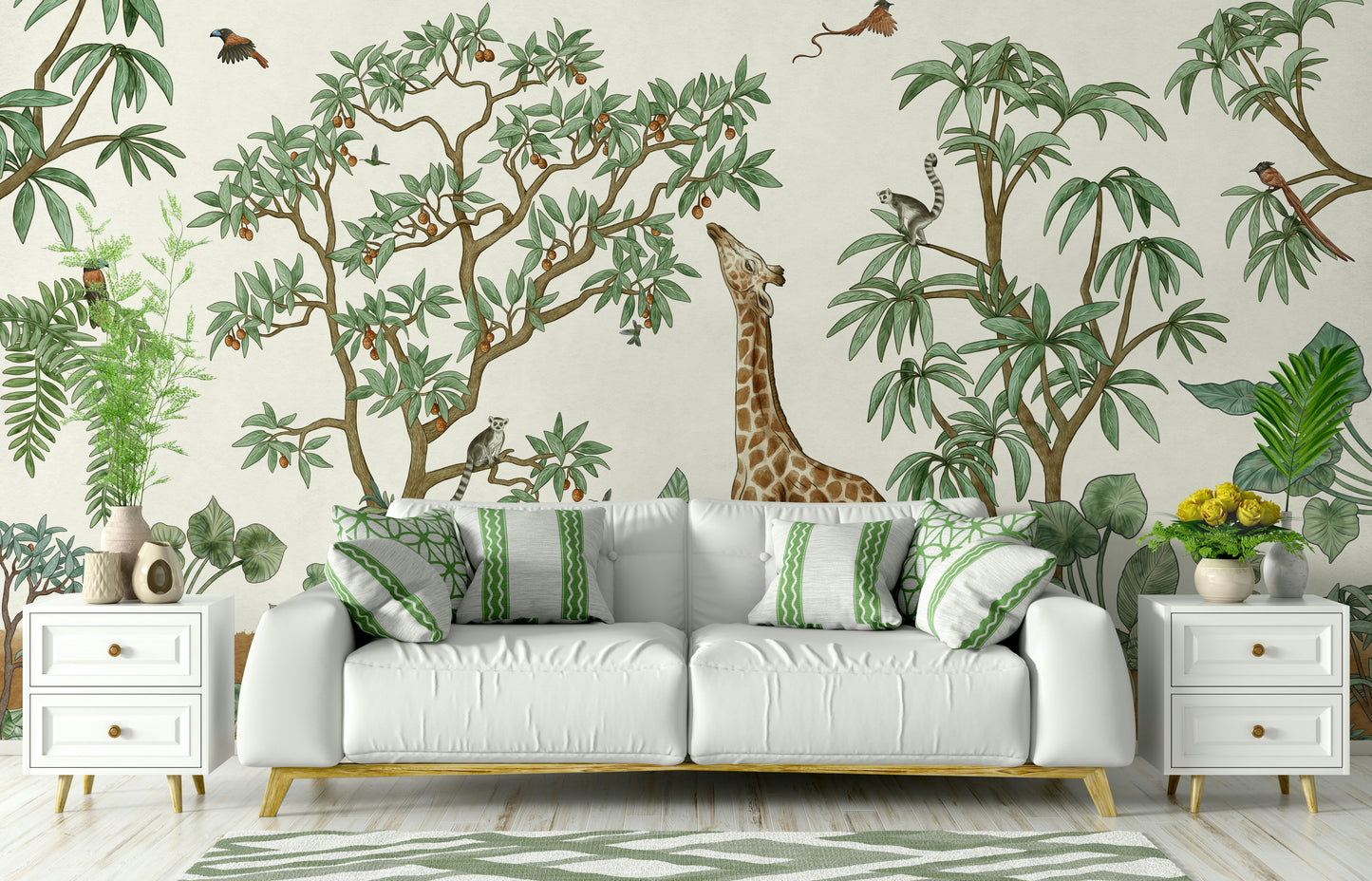 A beautiful tropical foliage wall mural for a living room.

