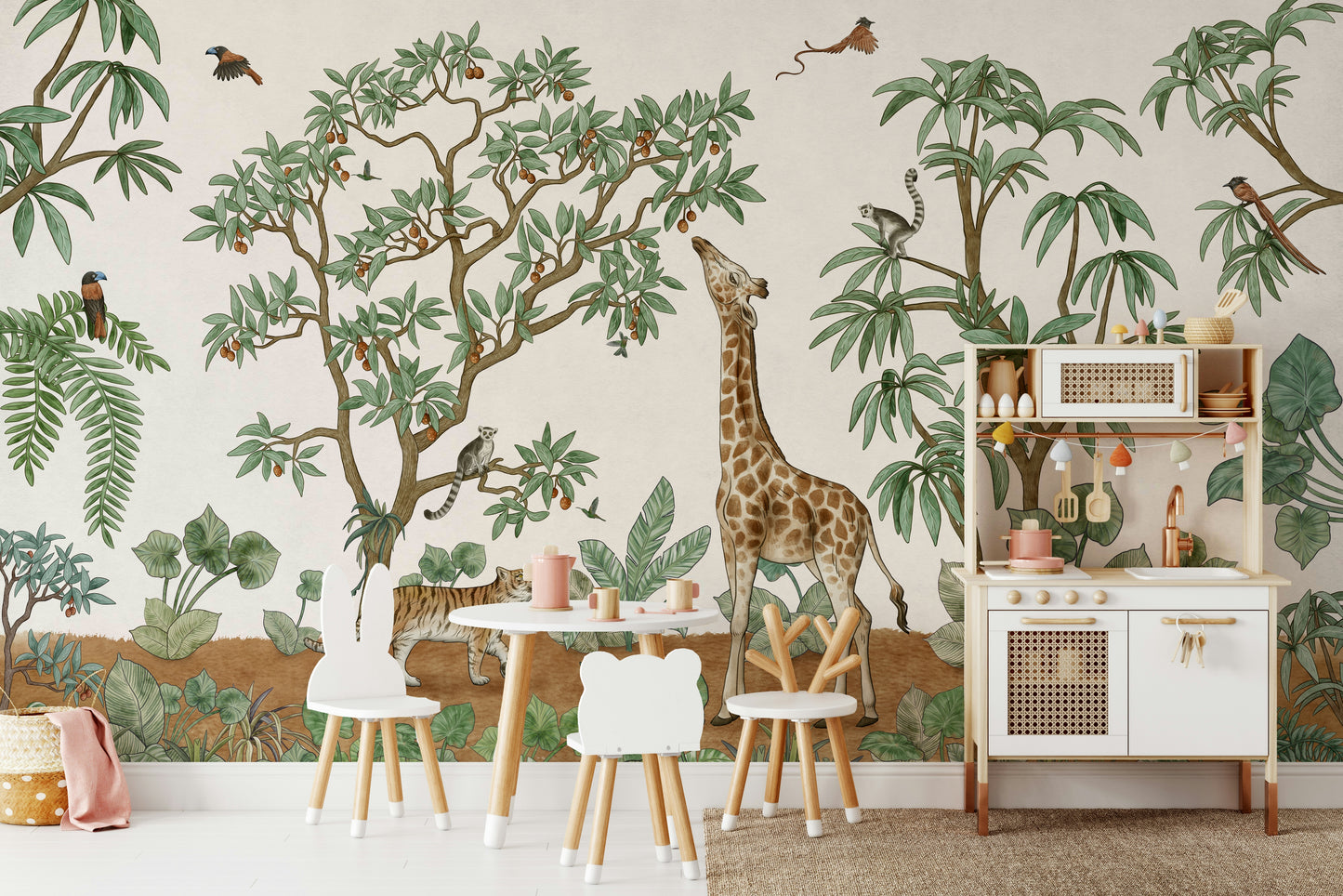 A calming jungle design wallpaper mural that defines a space.

