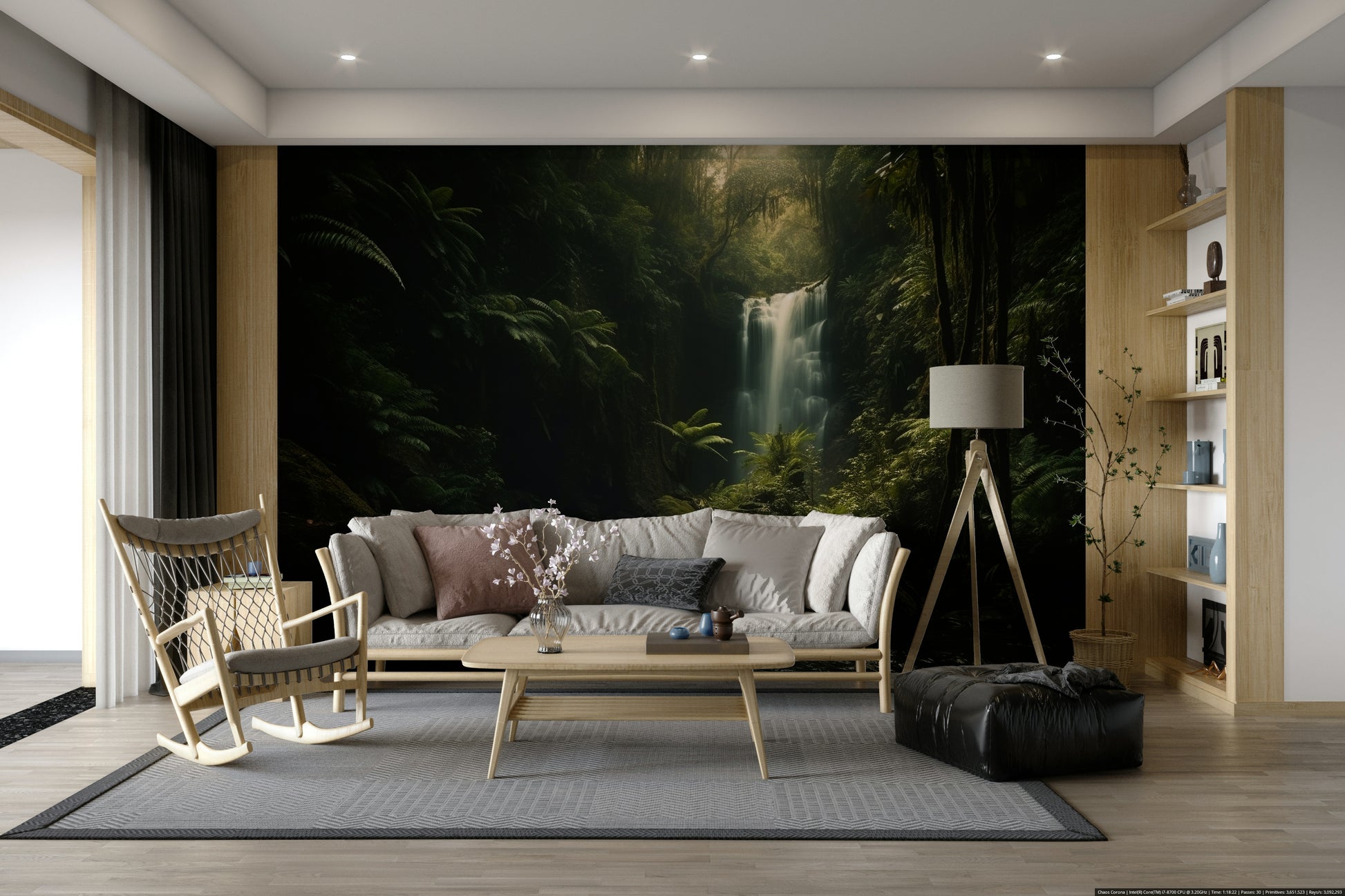 A peaceful dark woodland mural on decorative wallpaper.

