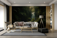A peaceful dark woodland mural on decorative wallpaper.

