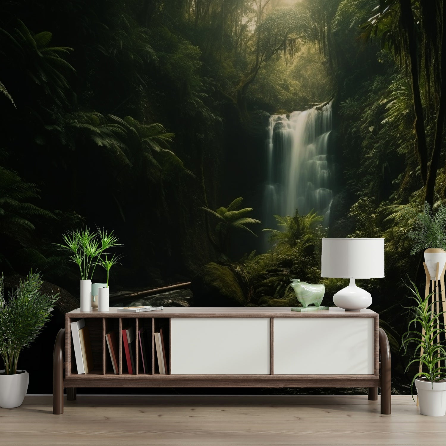 A calming serene mountain wallpaper mural that defines a space.

