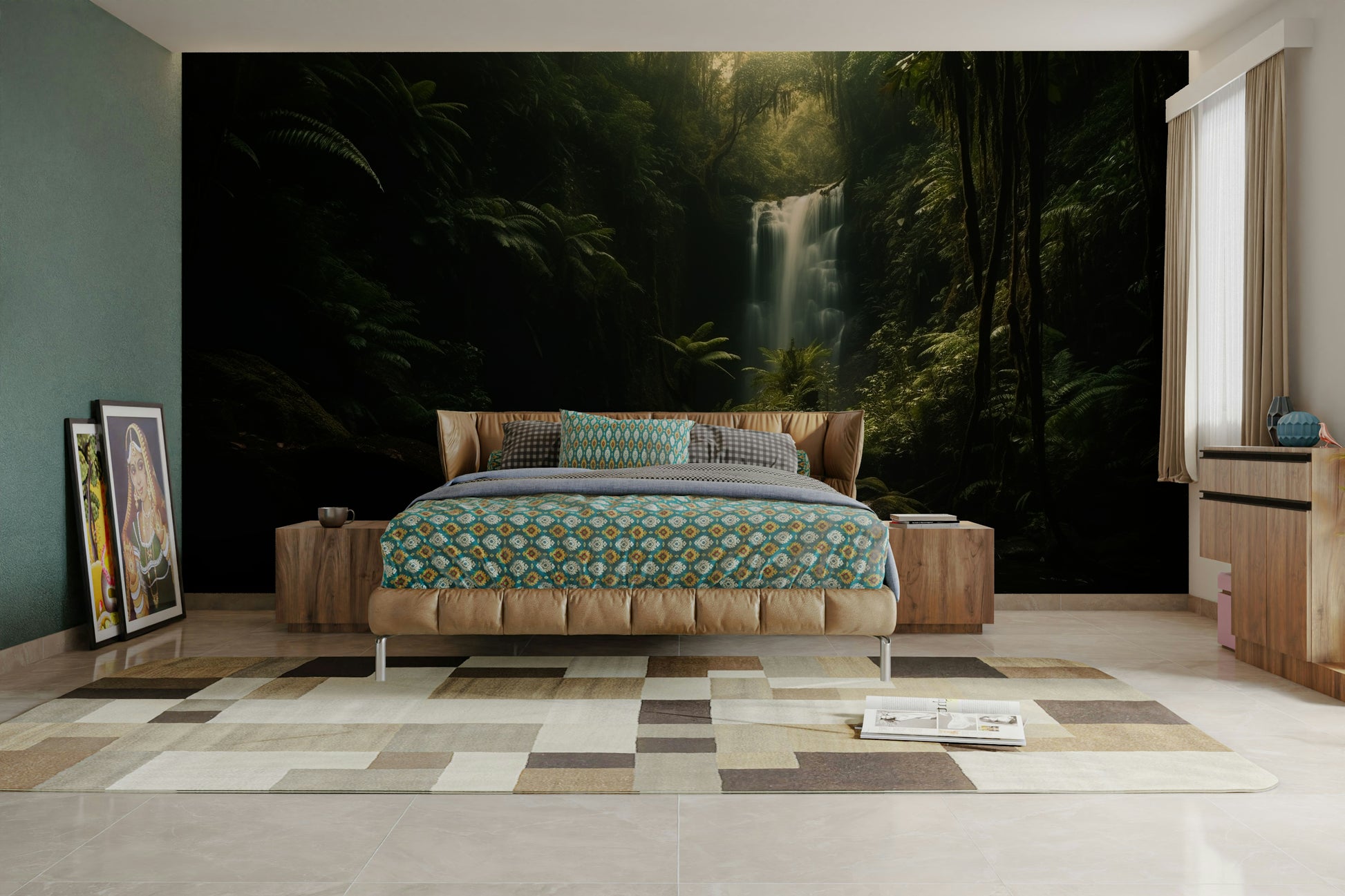 A beautiful wide-angle wall mural of a hidden waterfall.

