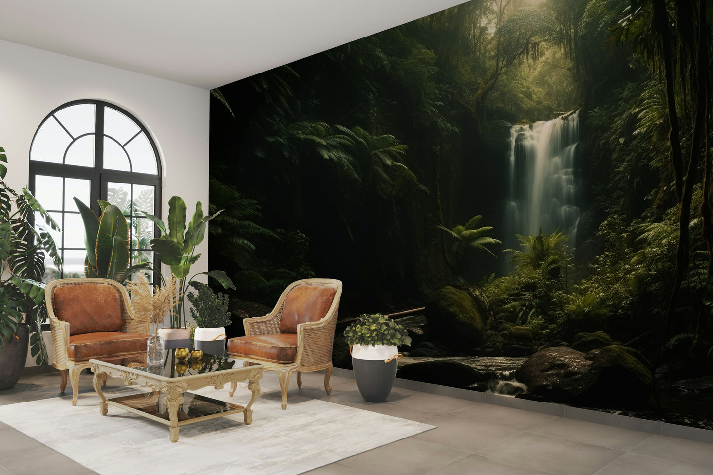An artistic scenic waterfall mural on minimalist wallpaper.

