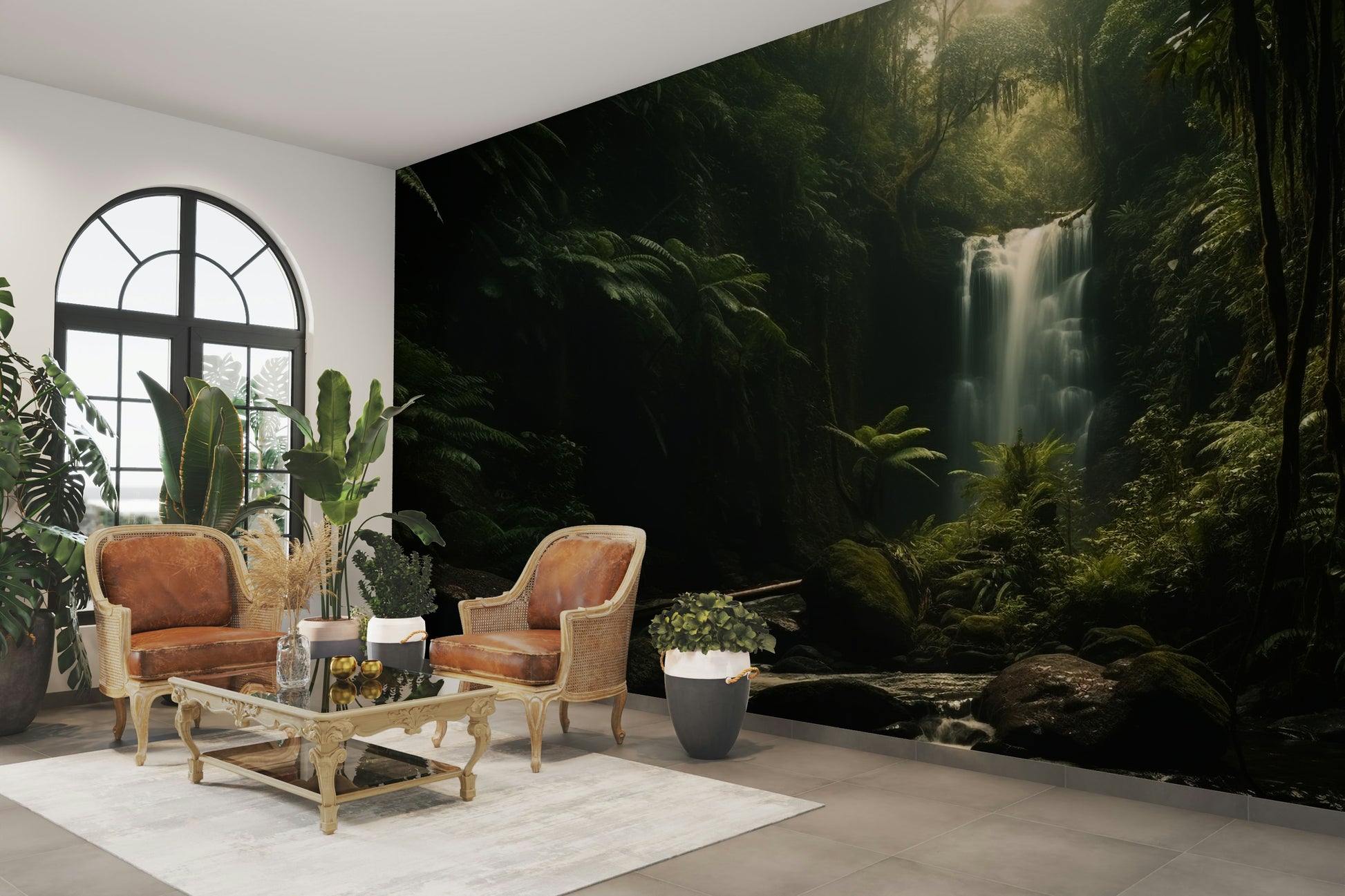 An artistic scenic waterfall mural on minimalist wallpaper.

