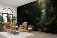 An artistic scenic waterfall mural on minimalist wallpaper.

