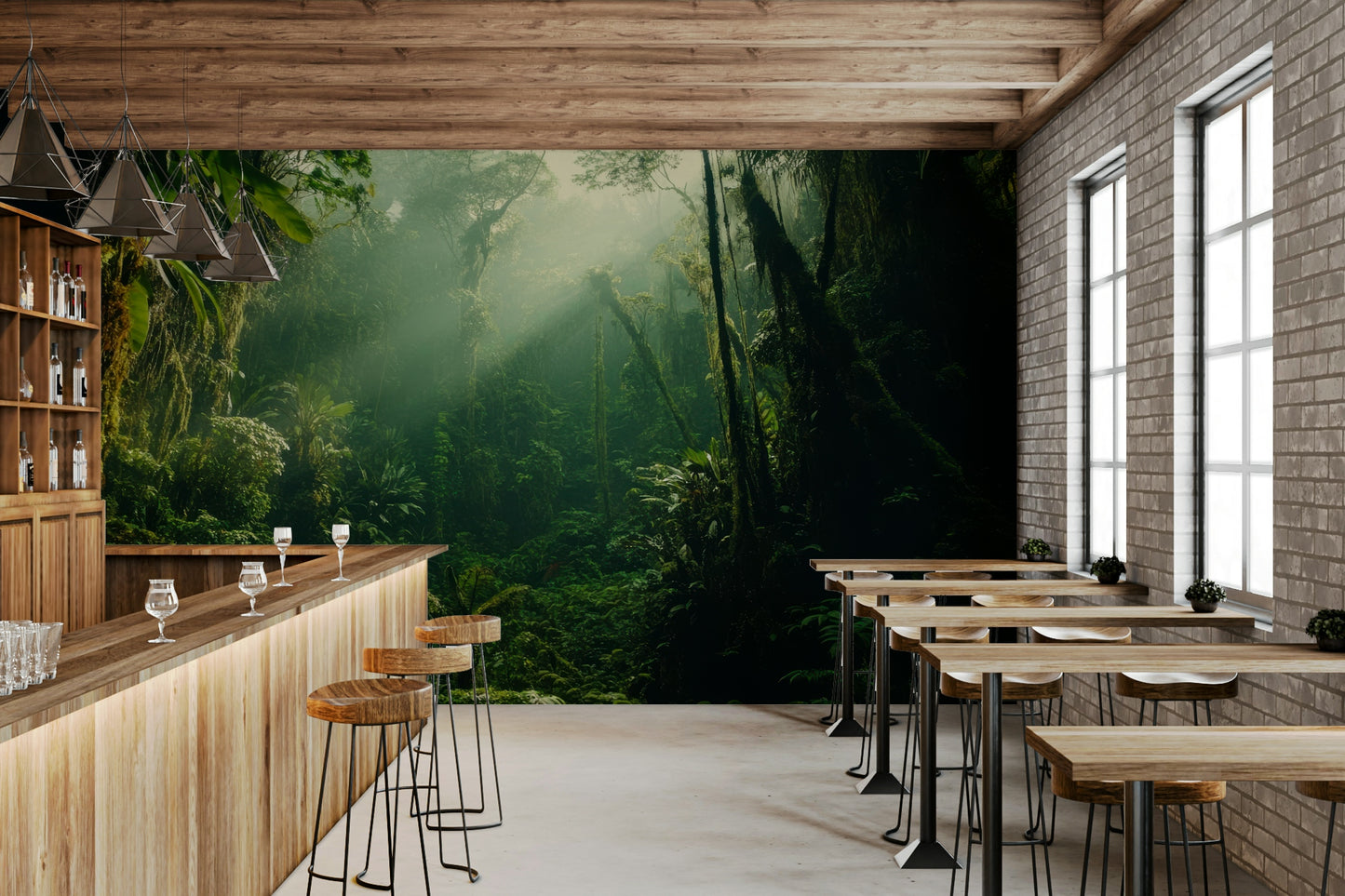 A contemplative fog-covered forest wallpaper mural for a feature wall.

