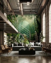 An artistic jungle foliage mural on minimalist wallpaper.


