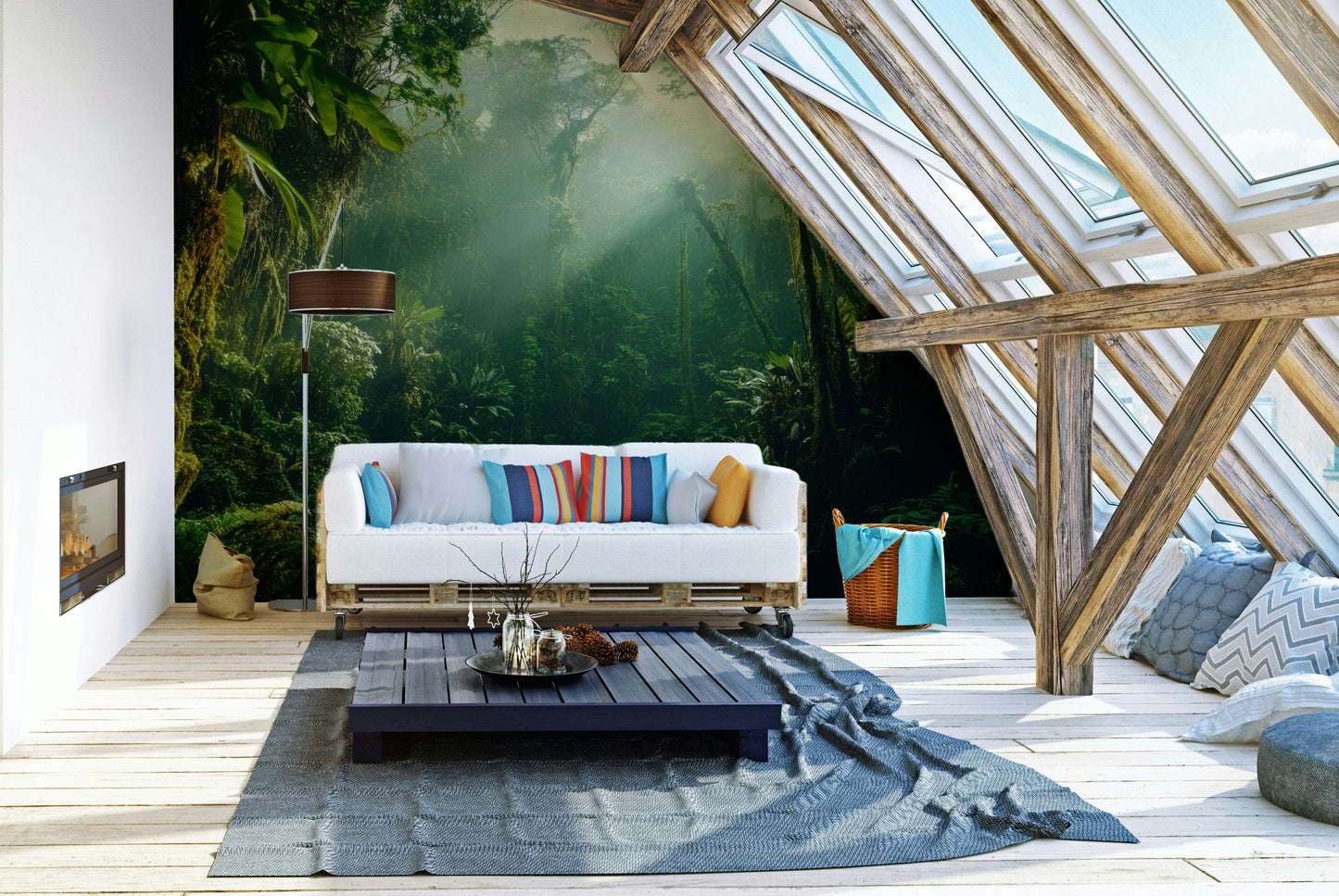 A beautiful wide-angle wall mural of a misty jungle.

