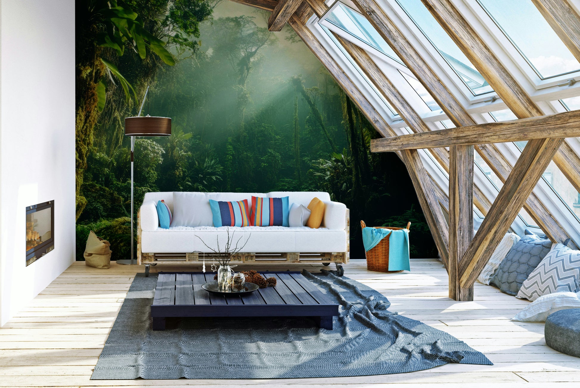 A beautiful wide-angle wall mural of a misty jungle.

