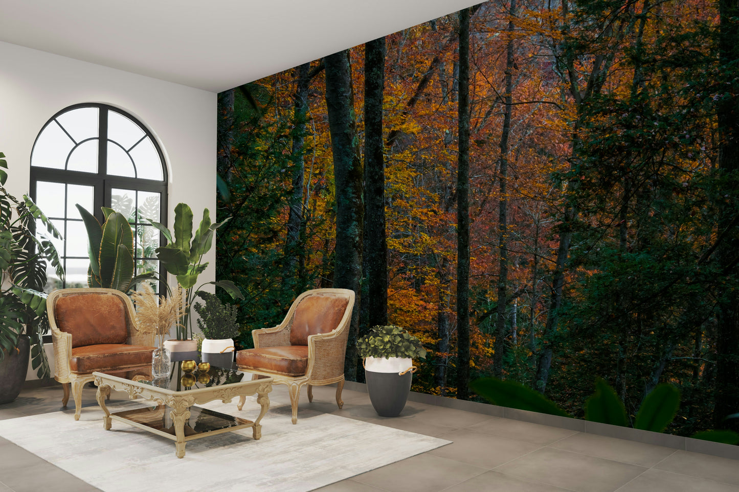 An artistic natural landscape mural on minimalist wallpaper.

