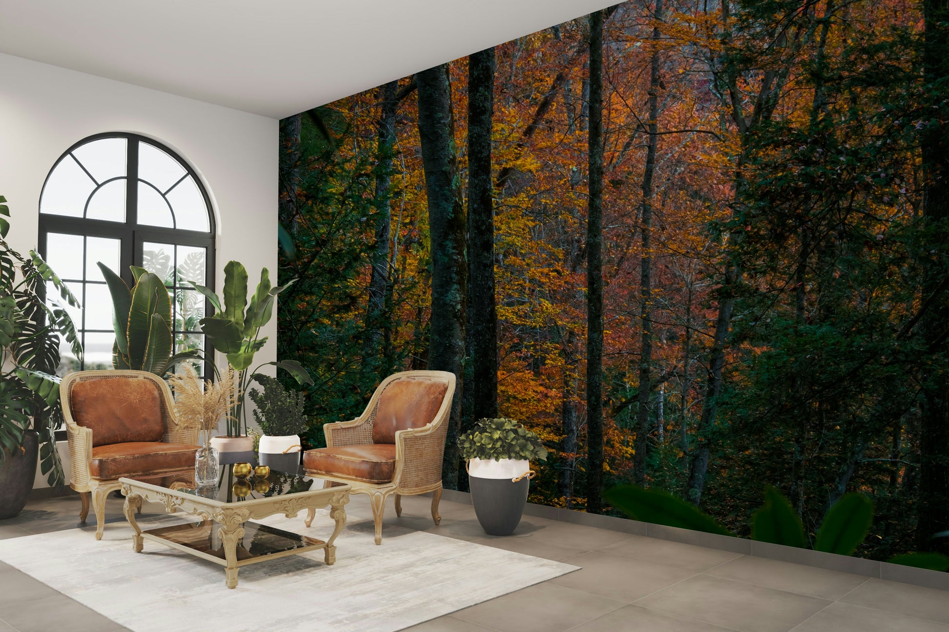An artistic natural landscape mural on minimalist wallpaper.


