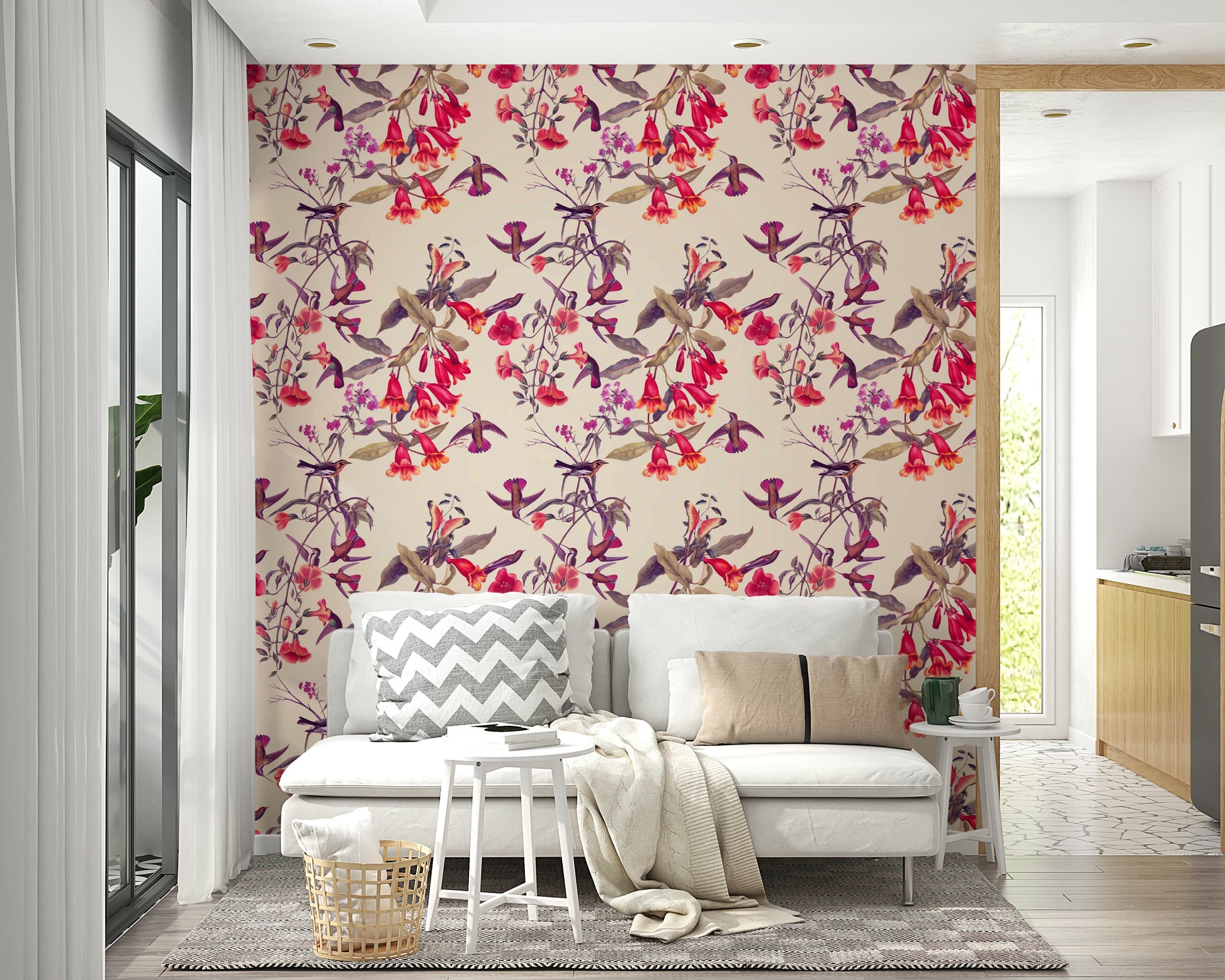 A beautiful wide-angle wall mural of flowers.

