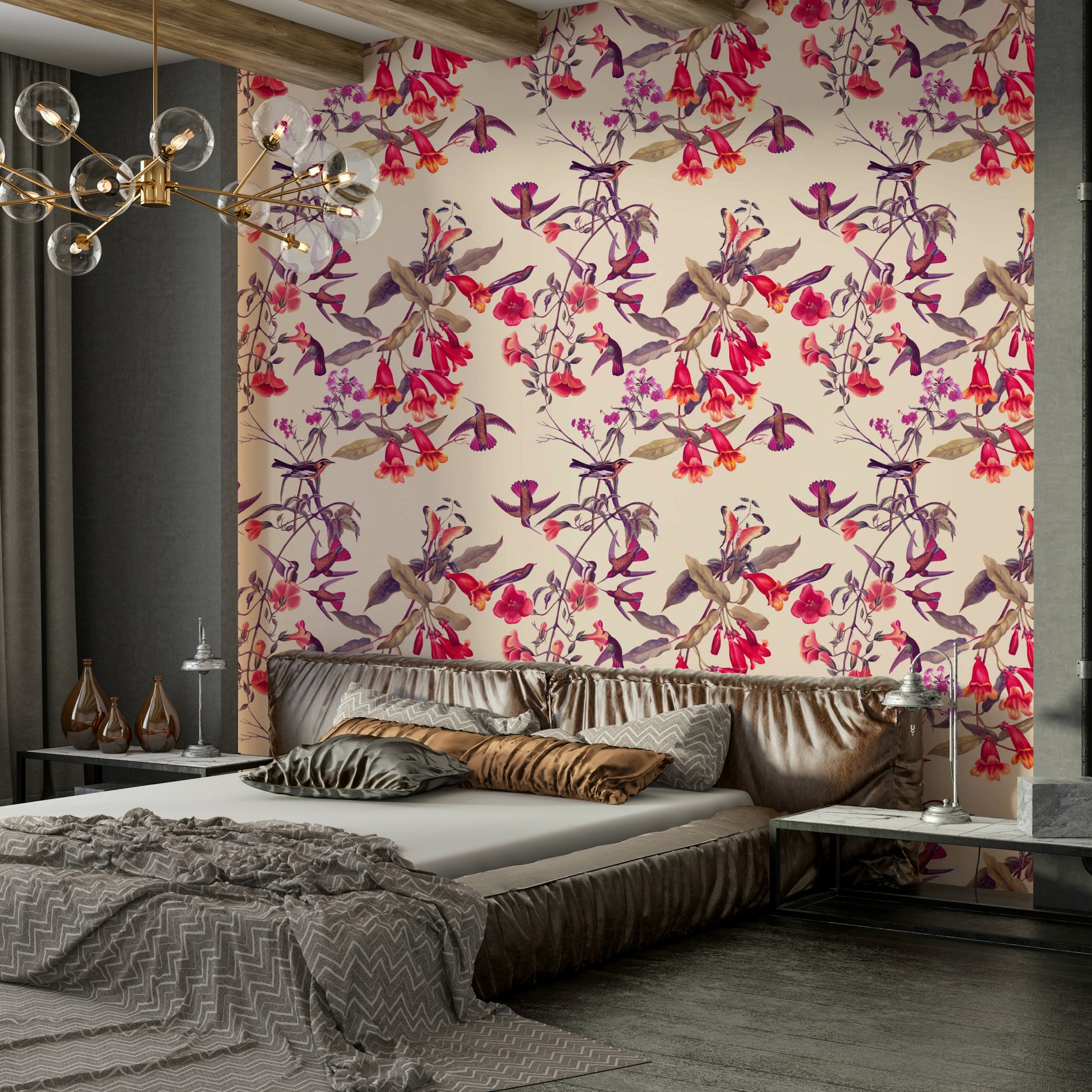 A peaceful botanical mural on decorative wallpaper.

