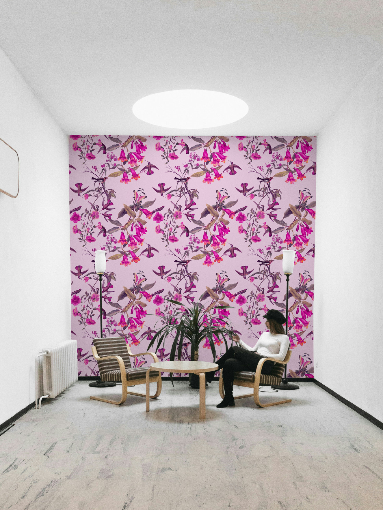 A beautiful magenta garden wallpaper mural with exotic birds.

