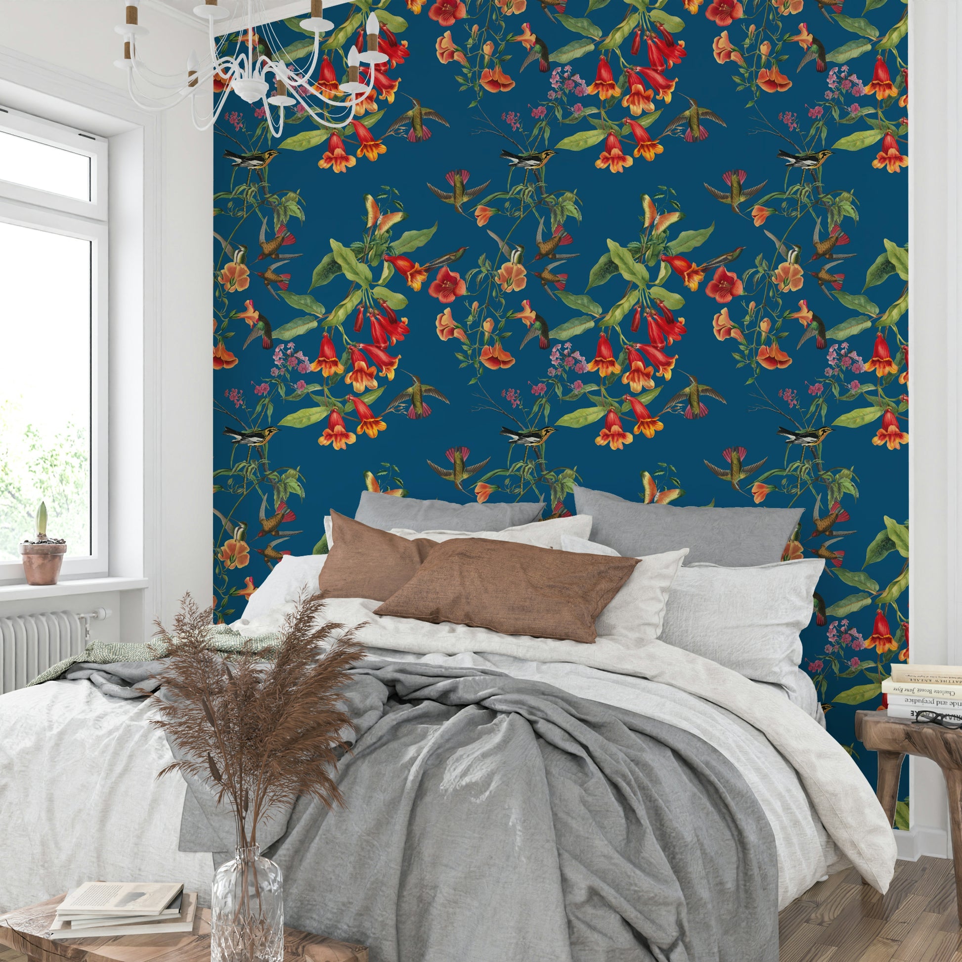 A graceful subtle bloom wall mural in cool, natural tones.

