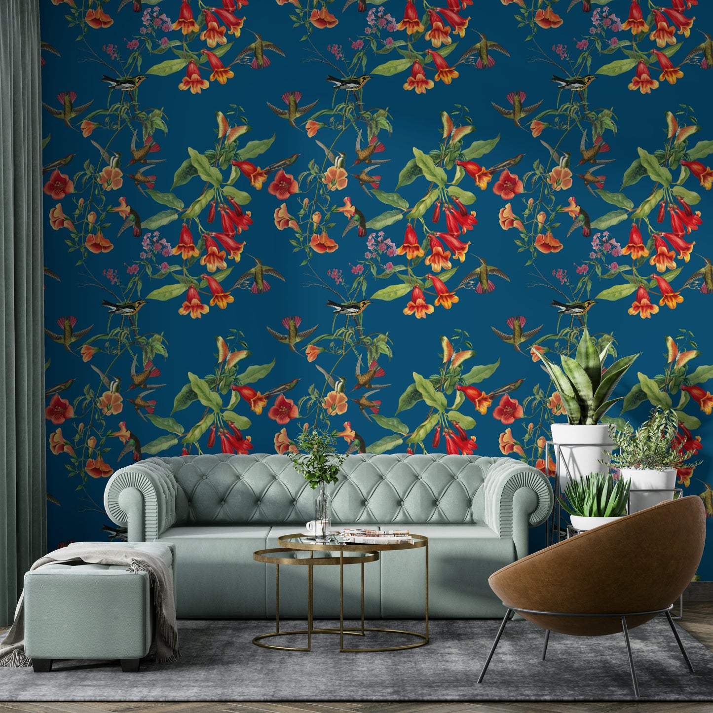 A beautiful wide-angle wall mural of flowers and birds.

