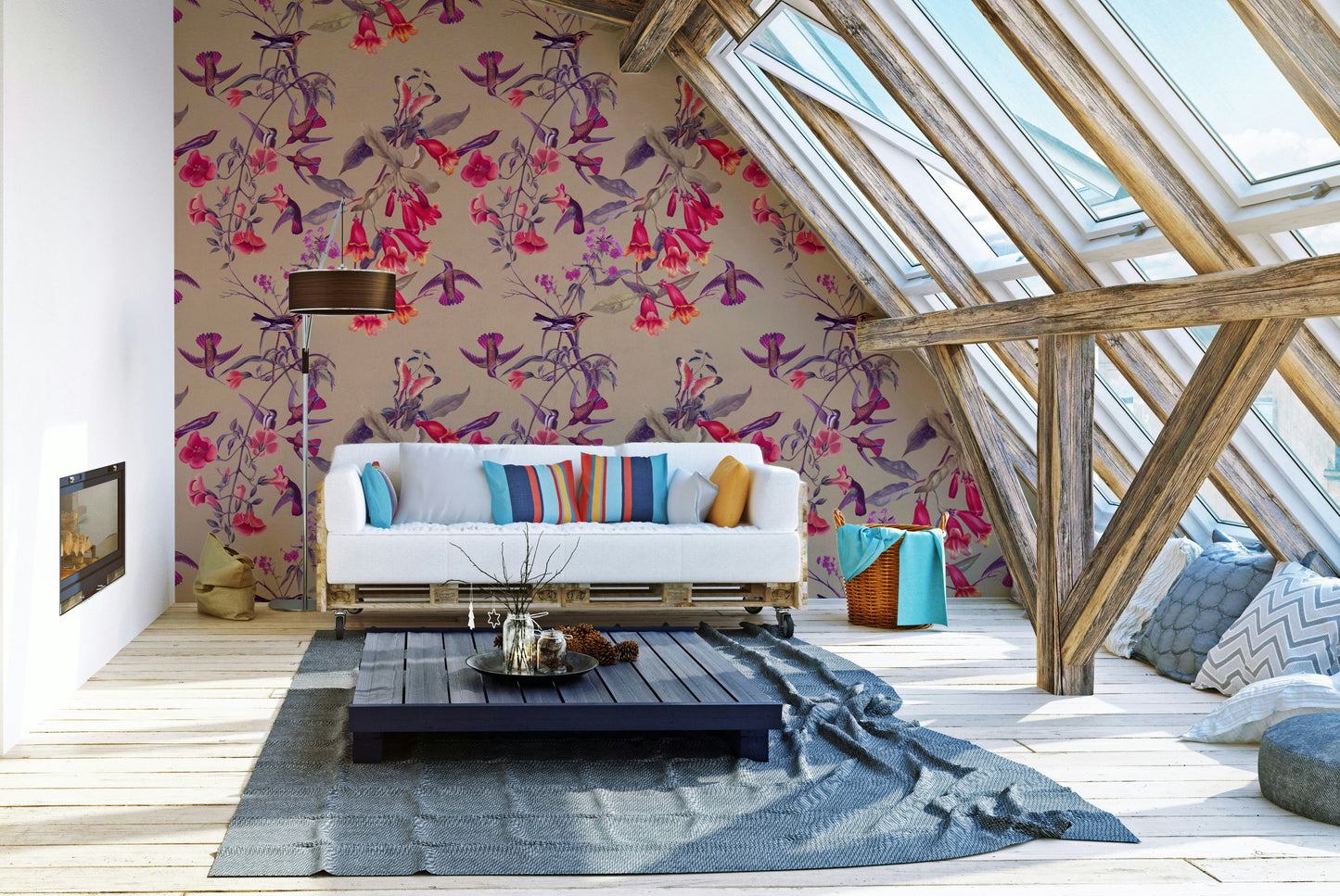An artistic floral aviary mural on minimalist wallpaper.

