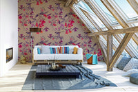 An artistic floral aviary mural on minimalist wallpaper.

