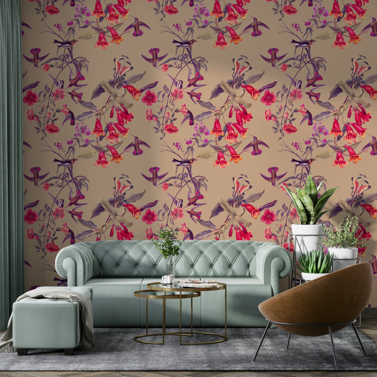 A calming serene garden wallpaper mural that defines a space.

