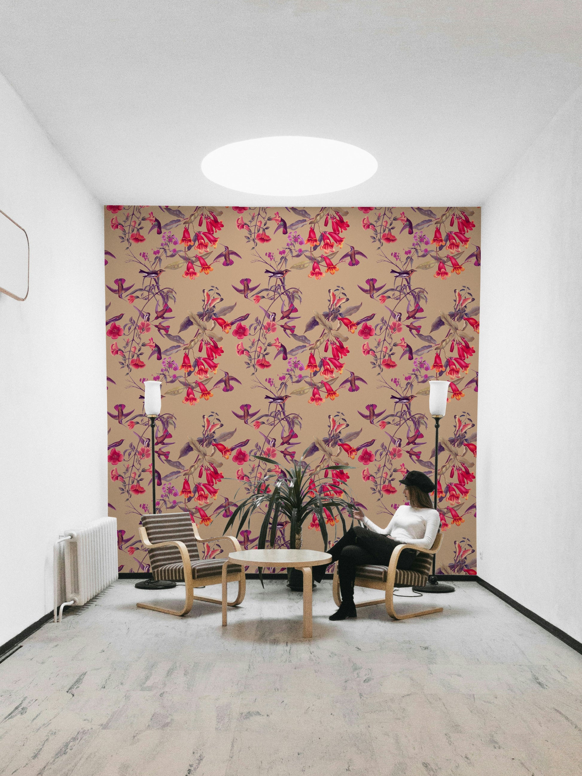 A contemplative flower pattern wallpaper mural for a feature wall.

