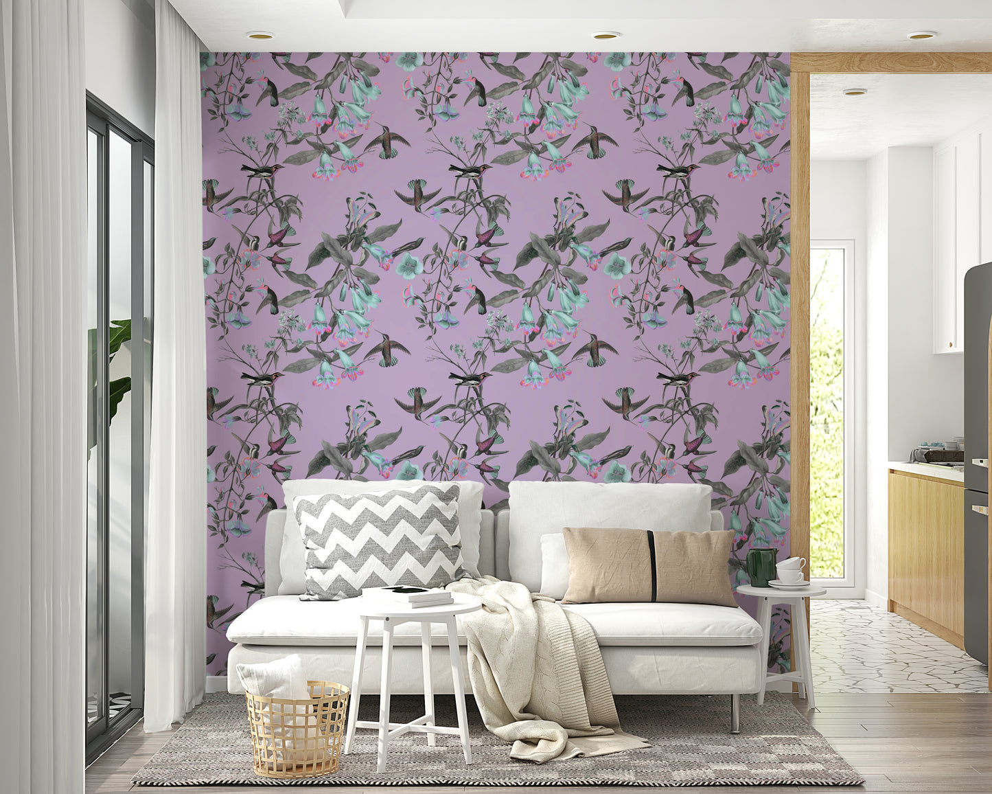 A peaceful botanical scene mural on decorative wallpaper.

