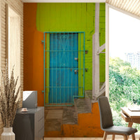 A contemplative colorful facade wallpaper mural for a feature wall.

