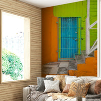 A peaceful vibrant exterior mural on decorative wallpaper.

