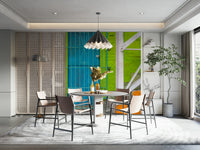 An artistic bright entryway mural on minimalist wallpaper.

