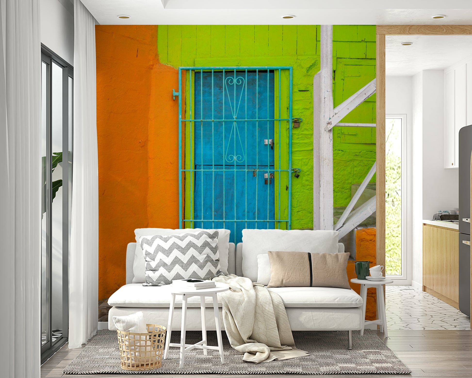 A graceful subtle door wall mural in orange and green tones.

