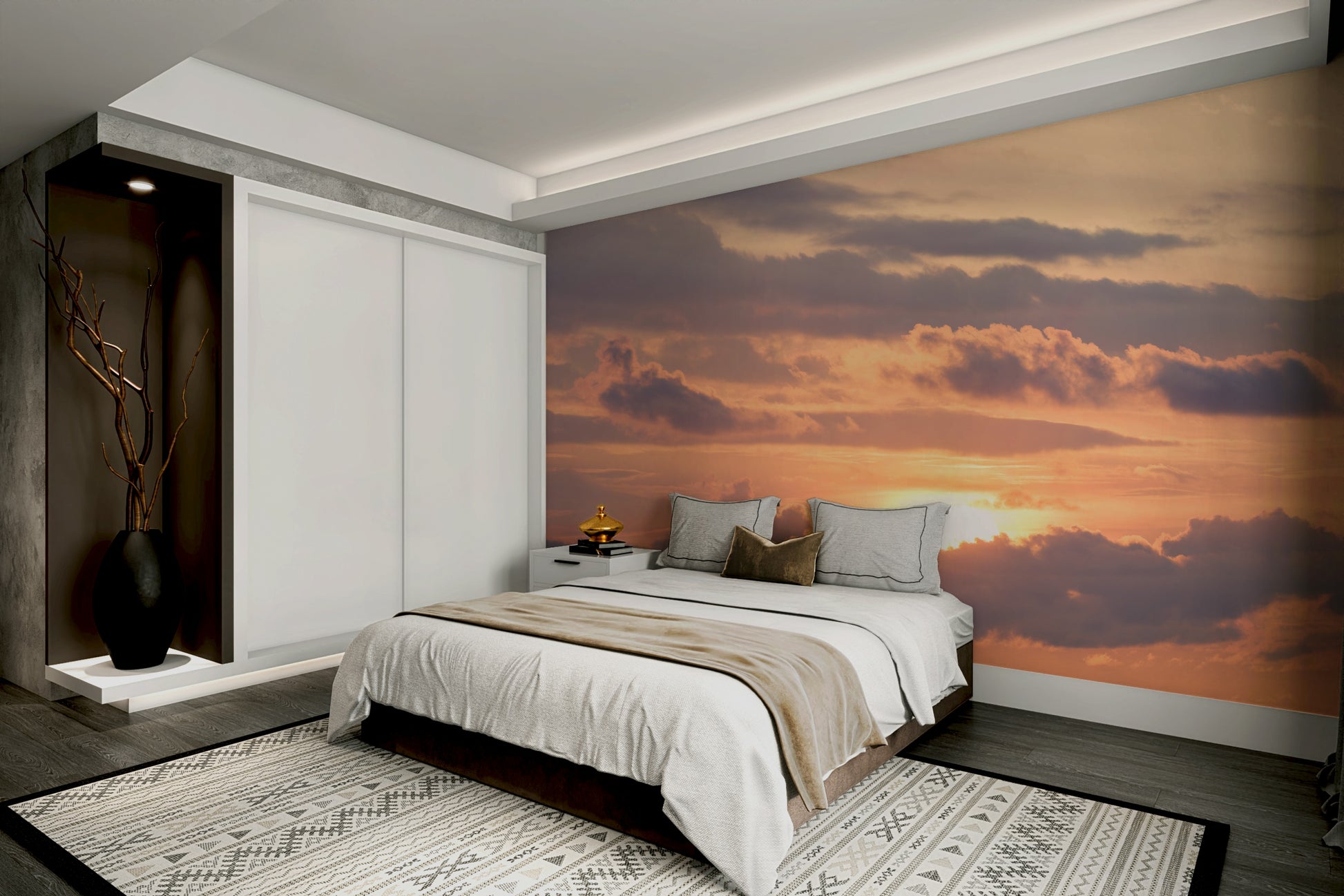 A serene warm light wall mural over an ocean horizon.

