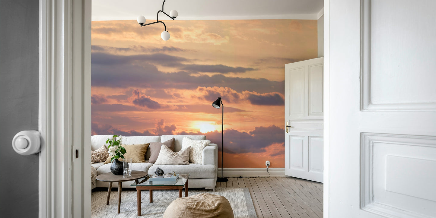 An artistic glowing sunset mural on minimalist wallpaper.

