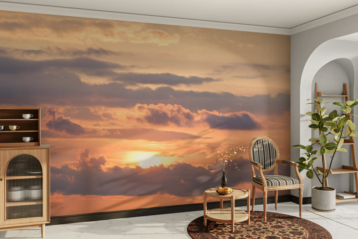 A calming serene light wallpaper mural that defines a space.

