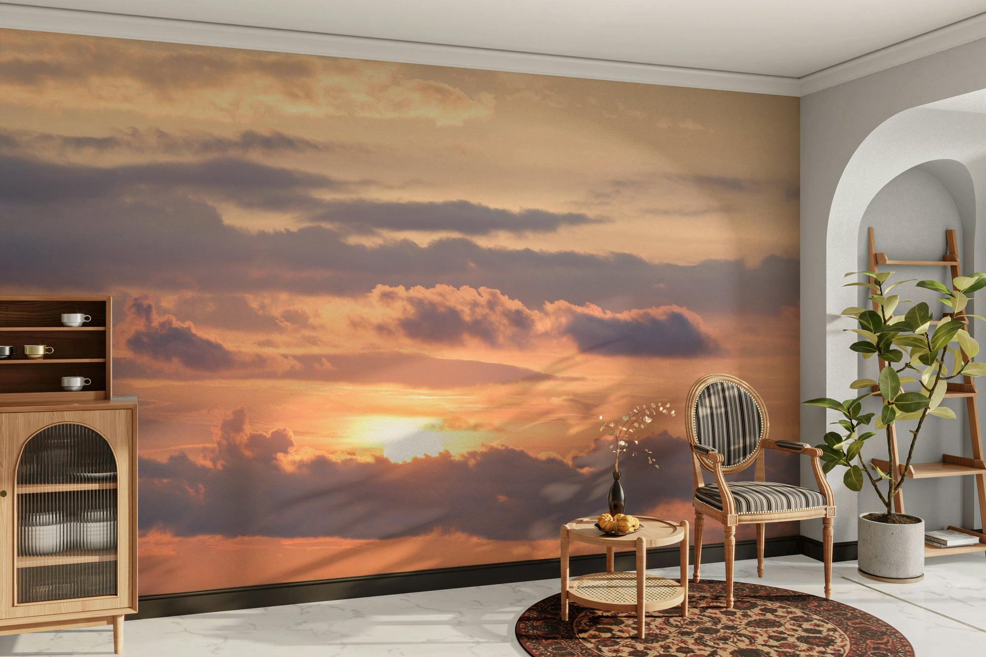 A calming serene light wallpaper mural that defines a space.

