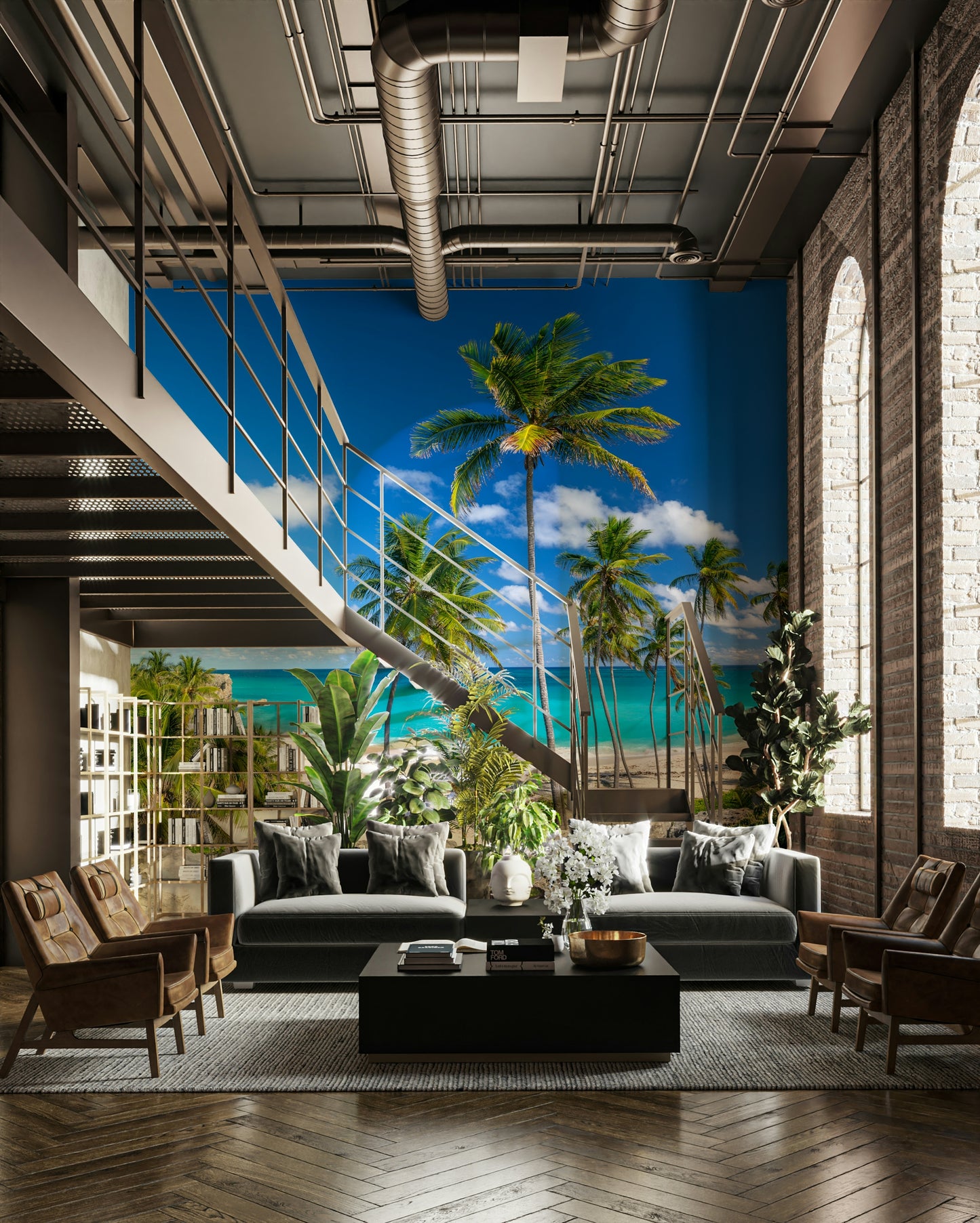 A peaceful tropical vista mural on decorative wallpaper.



