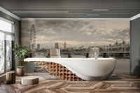 An artistic cityscape mural on sophisticated wallpaper.

