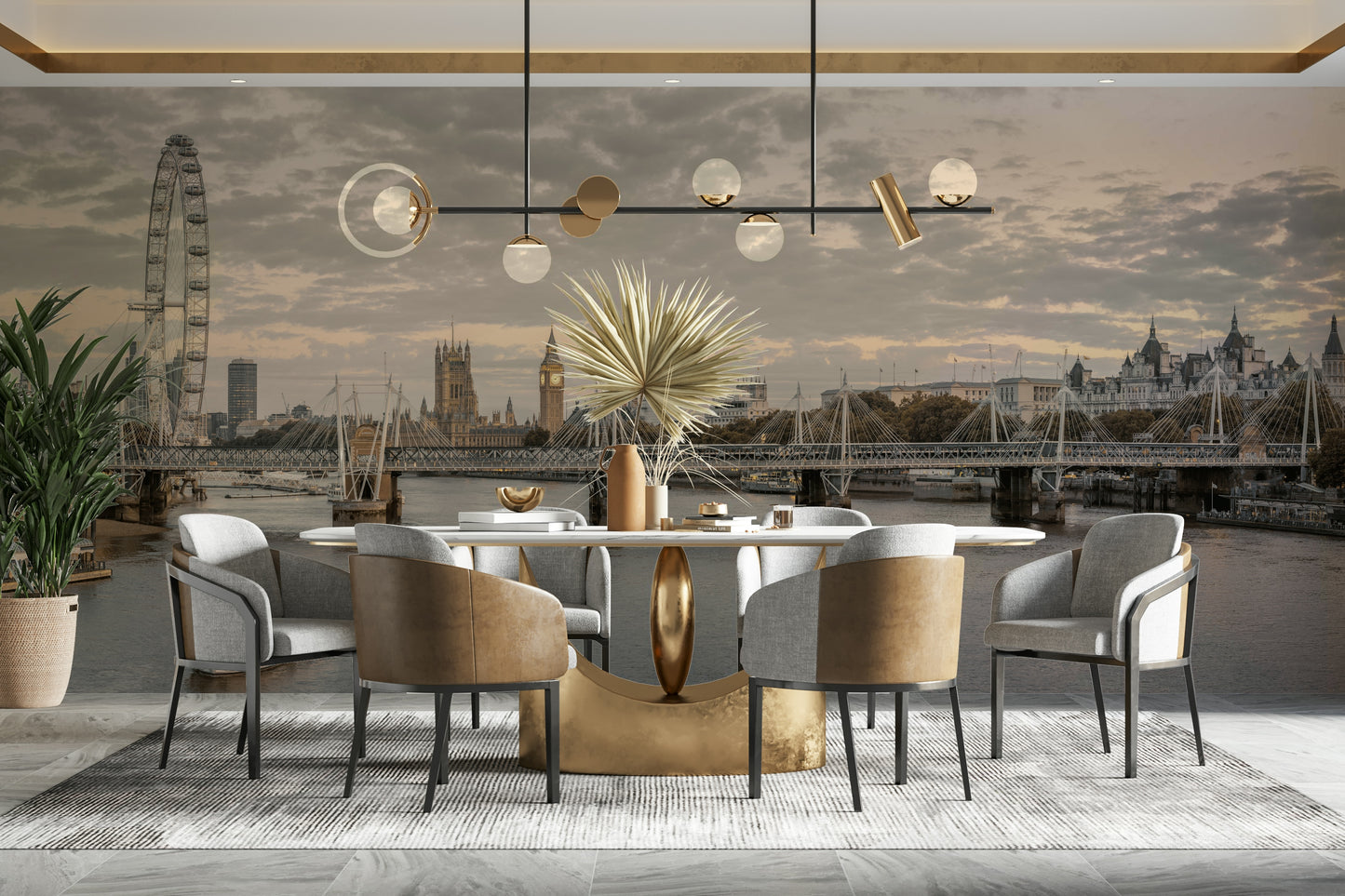 A peaceful twilight scene mural on decorative wallpaper.

