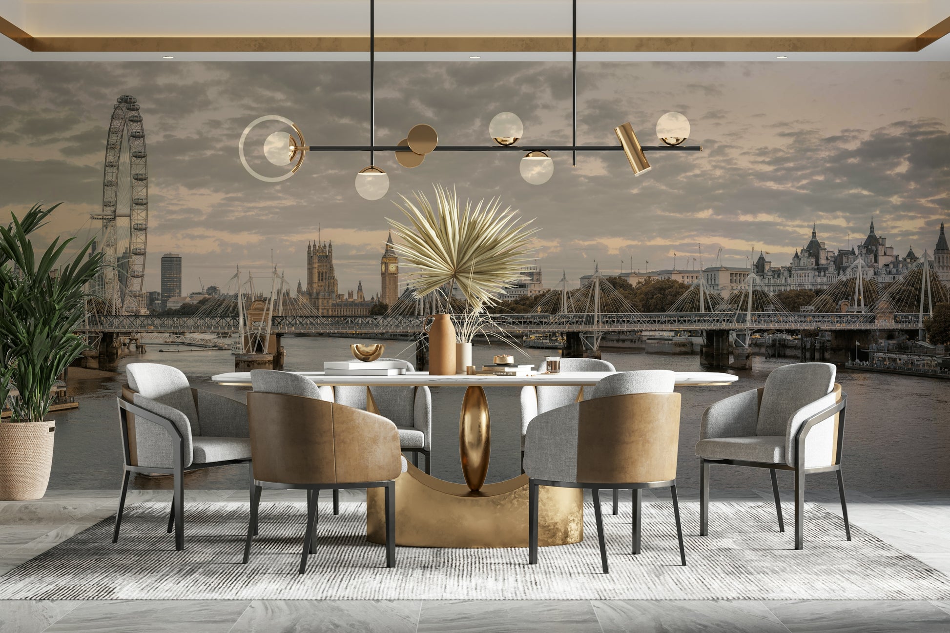 A peaceful twilight scene mural on decorative wallpaper.

